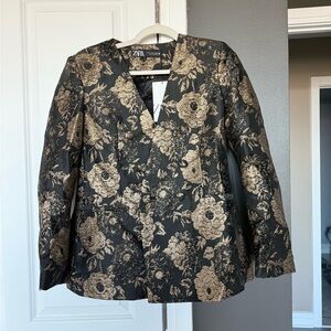 Zara Women's Black and Gold Floral Blazer